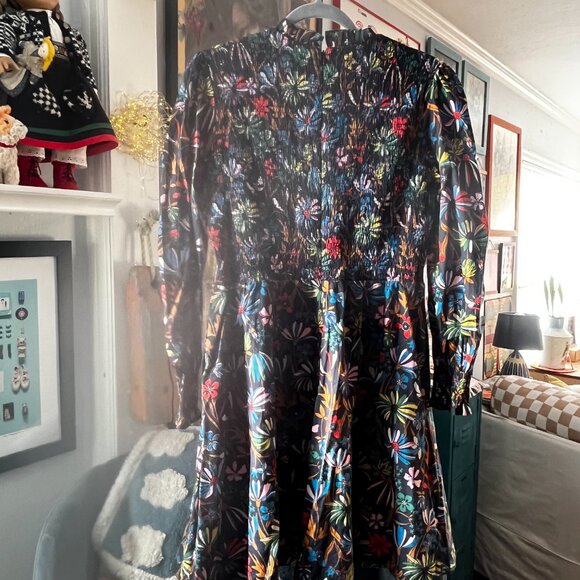 Boden Frill Neck Smocked Dress Black "Wild Dandelion" UK 12 US 8 EUC Knee Length - Picture 11 of 11